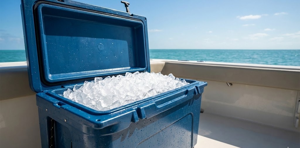 おざき丸の受付時に受け取れる、青いクーラーボックスにたっぷりと用意された釣り用の氷