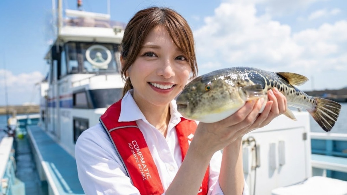 エアコン・水洗トイレ完備の快適なおざき丸船内で、大きなフグを釣り上げ笑顔を見せる女性のお客様